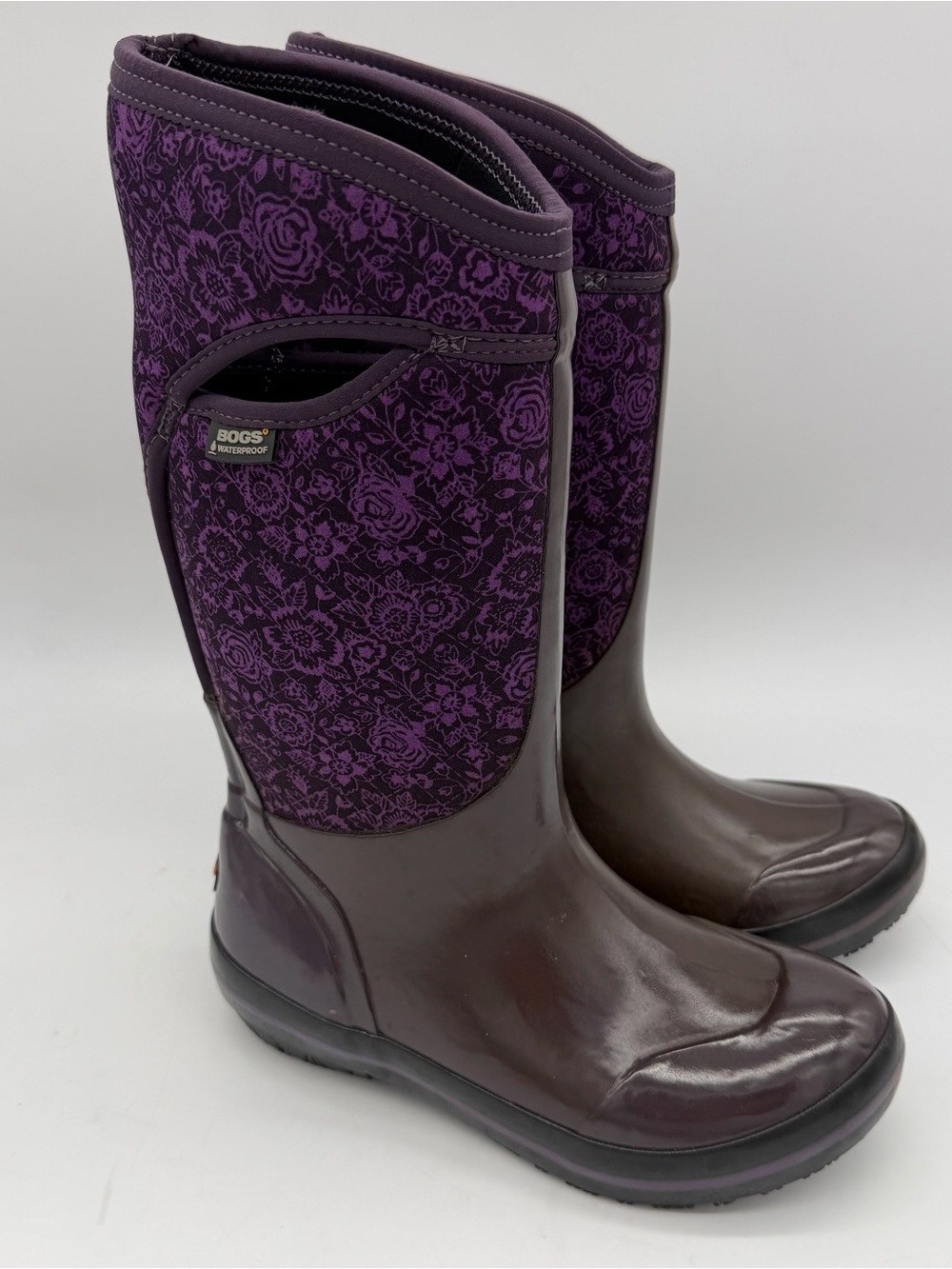 Women's BOGS Plimsoll Tall Quilted Floral Purple Insulated Rain Boots ~8